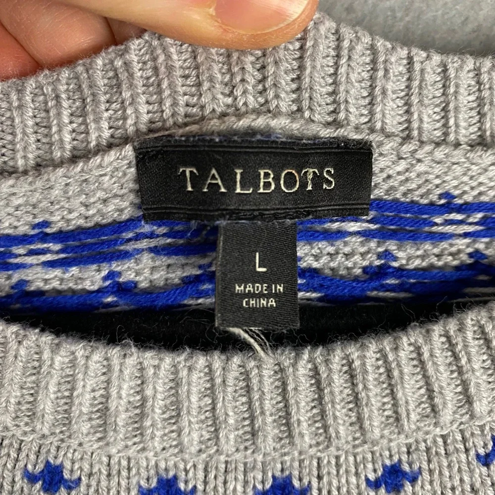 Talbots‎ Fair Isle Sweater Womens Size Large Gray Blue Nordic Cotton Blend Knit